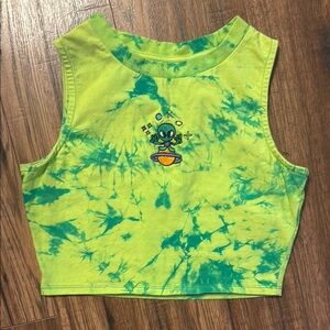 Embroidered Alien Tie-Dye Crop Top - Green